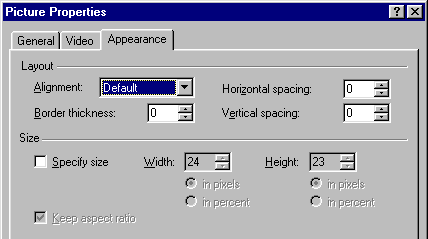 Picture Properties, karta Appearance