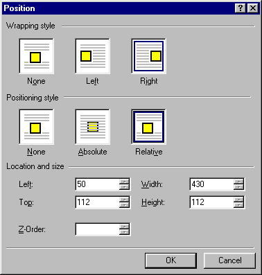 Dialog Position - nastaven� obt�k�n� a pozice