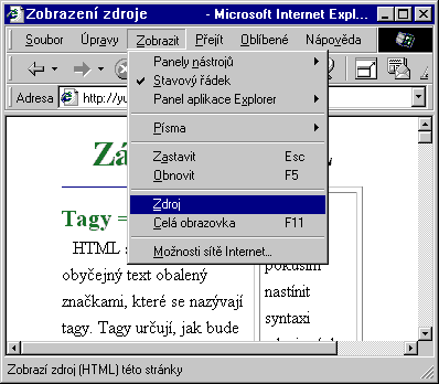 Zobrazen� zdroje v Internet Exploreru